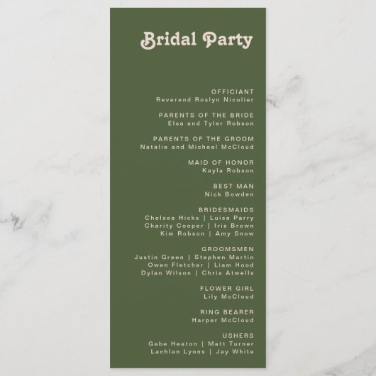 レトロシンプルビベス |オリーブグリーン結婚式 プログラム (裏面)
