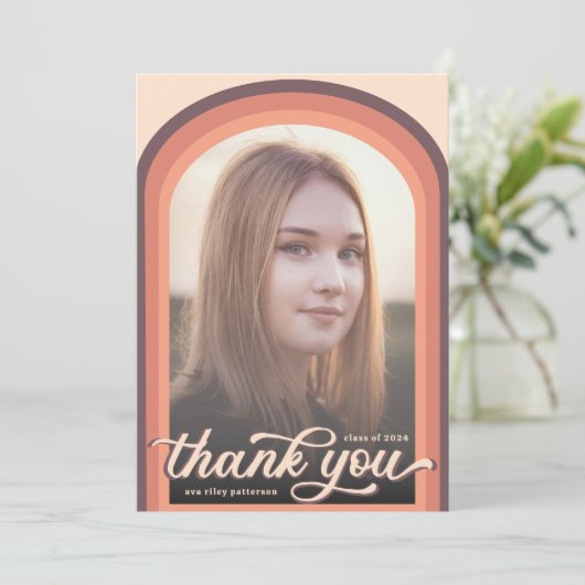 レトロシンプルピンクアーチ写真卒業ありがとう サンキューカード (スタンド正面)
