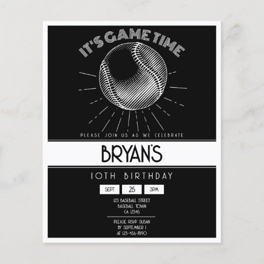 レトロシンプルホワイトベースボールバジェット誕生日招待状 (正面)