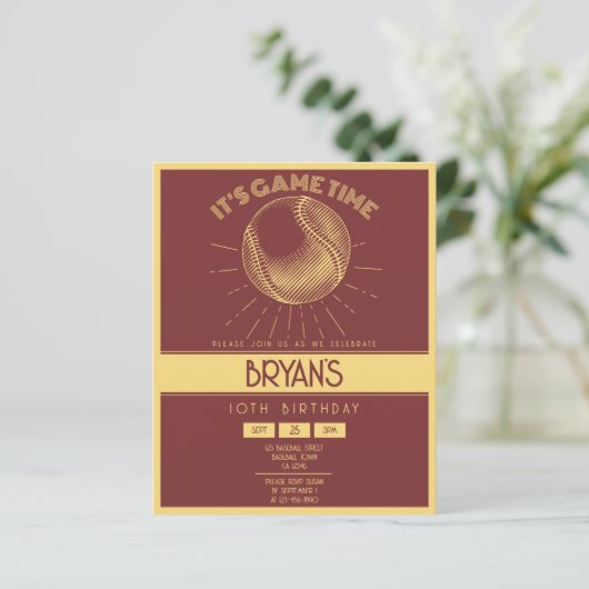レトロシンプル金ゴールド野球予算誕生日招待状 (スタンド正面)