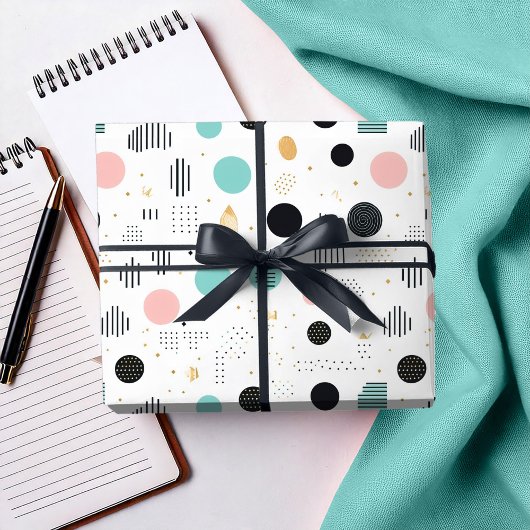 レトロジオメトリックアブストラクト パターン#1 ティール ピンク ID1067 ラッピングペーパー