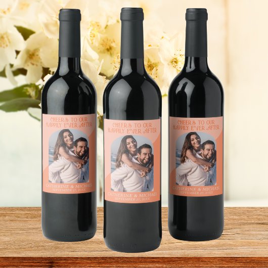 レトロジオメトリック70のアーチピーチ&オレンジ結婚ズ ワインラベル