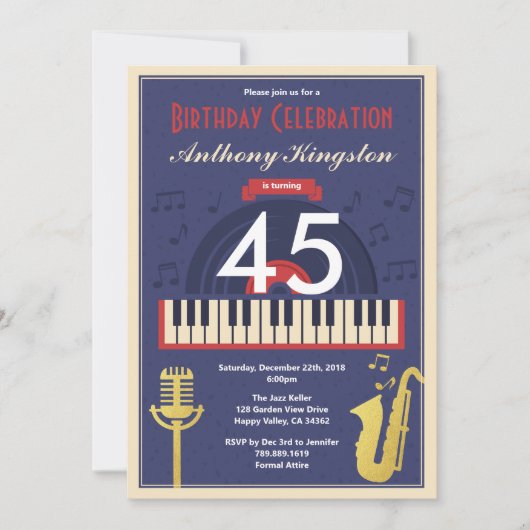 レトロジャズ音楽の誕生日パーティー大人の男性 招待状 (正面)