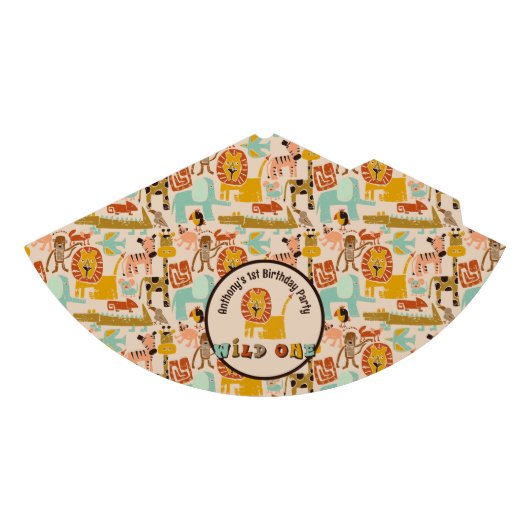 レトロジャングルアニマルズワイルドワンファースト誕生日 パーティーハット (正面)
