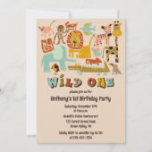 レトロジャングルアニマルズワイルドワンファースト誕生日 招待状 (正面)