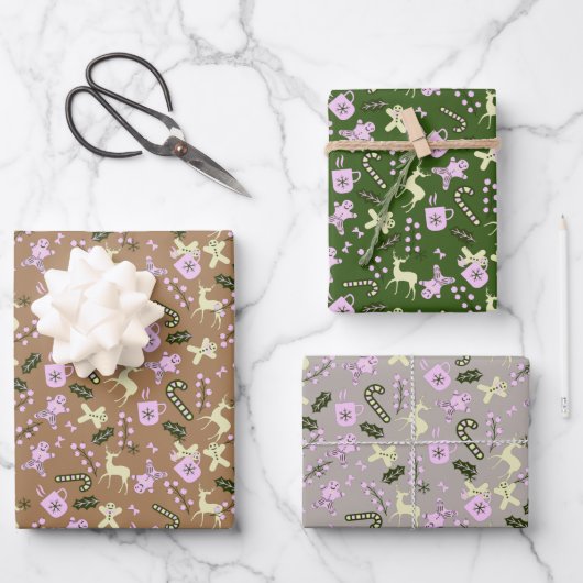 レトロジンジャーブレッドディアキャンドイキニートリートクリスマス ラッピングペーパーシート (正面)