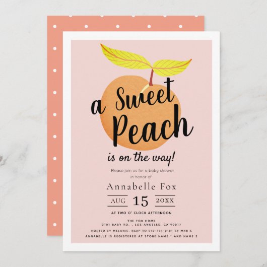 レトロスイートピーチベビーシャワー 招待状 (正面/裏面)