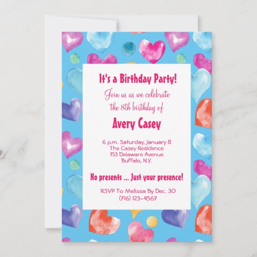レトロスカイブルーウォーターカラーハートかわいい誕生日 招待状 (正面)
