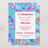 レトロスカイブルーウォーターカラーハートかわいい誕生日 招待状 (正面/裏面)