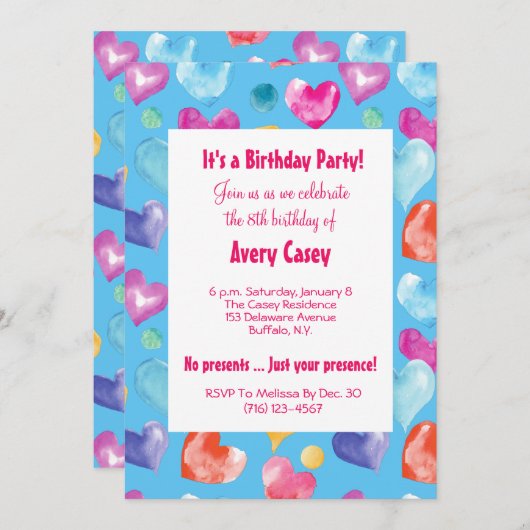 レトロスカイブルーウォーターカラーハートかわいい誕生日 招待状 (正面/裏面)