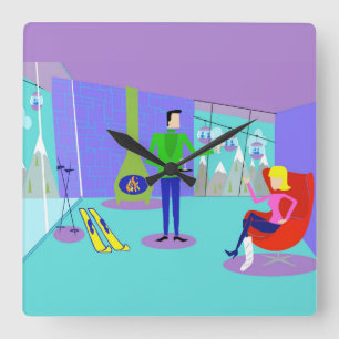 レトロスキーバケーションウォールクロック スクエア壁時計