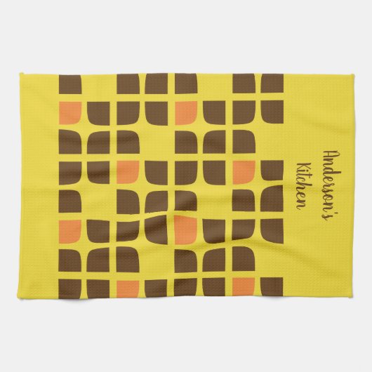 レトロスクエアイエローブラウンカスタムファミリー名 キッチンタオル (横)