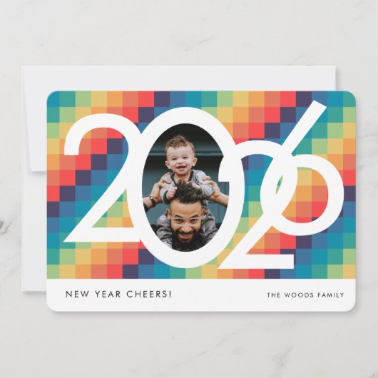 レトロスクエアパターン2026年正月写真 シーズンカード (正面)