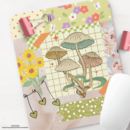 レトロスクラップブックのコラージュのアートワークフローラキノコ マウスパッド