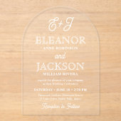 レトロスクリプエレガントトスタイリッシュ結婚モノグラムのアーチ アクリル招待状 (正面)