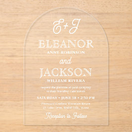 レトロスクリプエレガントトスタイリッシュ結婚モノグラムのアーチ アクリル招待状