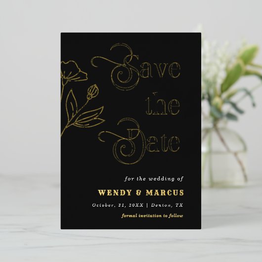 レトロスクリプトゴシックダーク結婚の審美的な実在 箔招待状 (立ち正面)