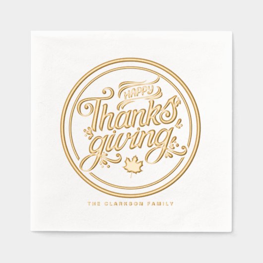 レトロスクリプトタイポグラフィラベルハッピー感謝祭 箔ナプキン (正面)