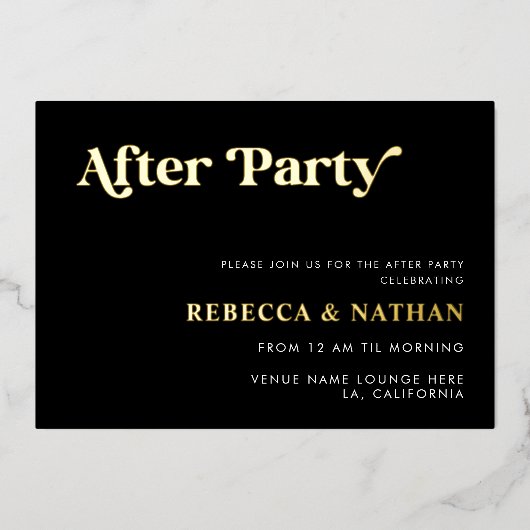 レトロスクリプトタイポグラフィー結婚式アフターパーティー 本物のF 箔招待状 (正面)