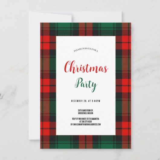 レトロスクリプトレッド+グリーン Plaid クリスマス 招待状 (正面)