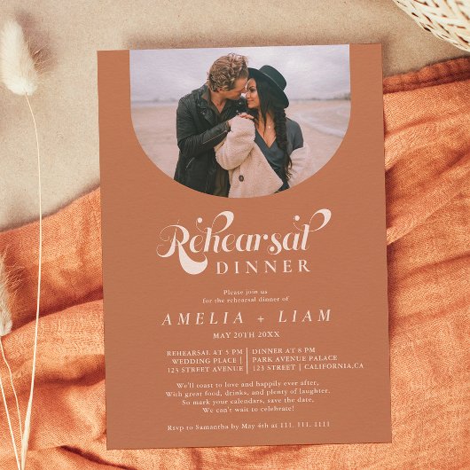 レトロスクリプト写真テラコッタリハーサル夕食 招待状