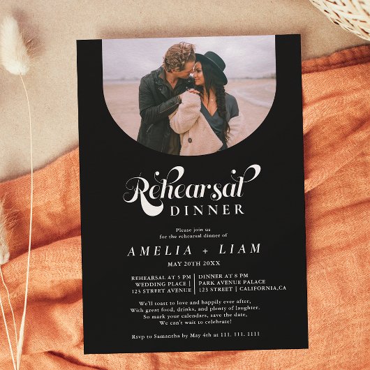 レトロスクリプト写真ホワイトブラックリハーサルディナー 招待状