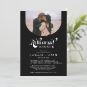 レトロスクリプト写真ホワイトブラックリハーサルディナー 招待状 (スタンド正面)