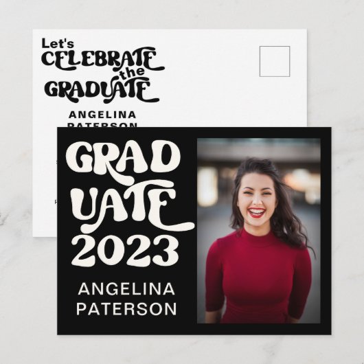 レトロスクリプト写真白黒の大学院パーティー インビテーションポストカード (正面/裏面)