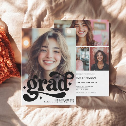 レトロスクリプト白黒4写真卒業 招待状