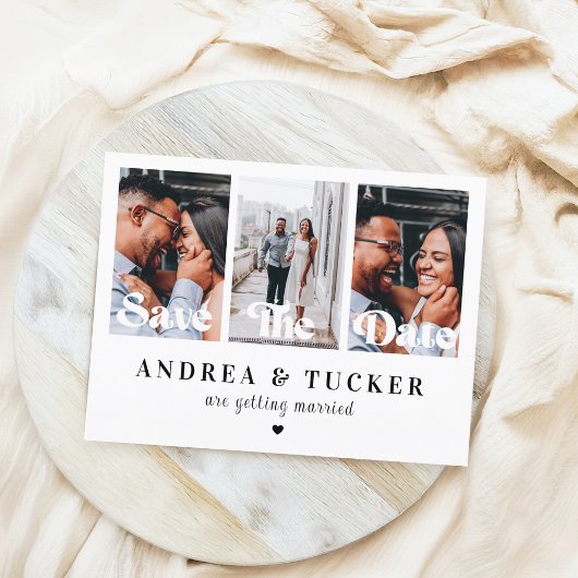 レトロスクリプト3フォトコラージュ結婚式の日付を保存 ポストカード