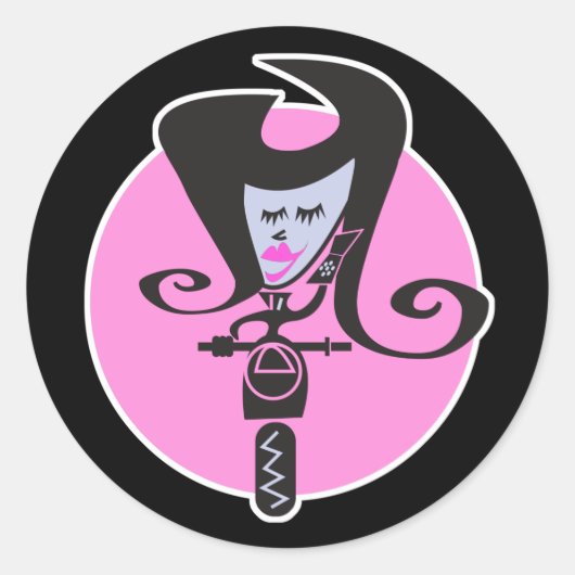 レトロスクーターバイクもしくは自転車に乗る人シック ラウンドシール (正面)