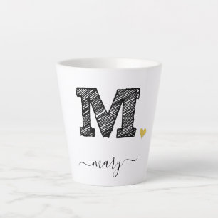 レトロスケッチモノグラム文字M、ラテMug カフェラテマグ