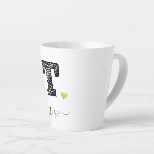 レトロスケッチモノグラム文字T、ラテMug カフェラテマグ (右アングル)