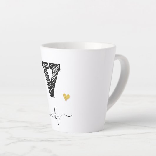 レトロスケッチモノグラムLetter V、ラテMug カフェラテマグ (右アングル)