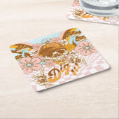 レトロスケルトンボタニカル花模様バースデーパーティー スクエアペーパーコースター (アングル)