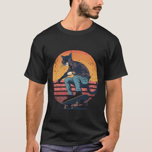 レトロスケーター猫スケートボード Tシャツ (正面)