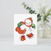 レトロスケートで滑る雪だるま ポストカード (スタンド正面)