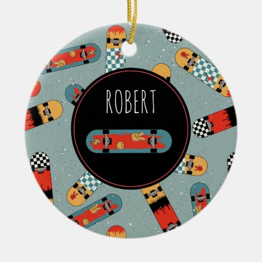 レトロスケートボードブルークールキッズ セラミックオーナメント (正面)