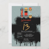 レトロスケートボードブルークールスプレー絵を描誕生日 招待状 (正面)