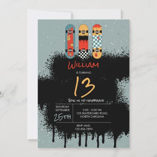 レトロスケートボードブルークールスプレー絵を描誕生日 招待状 (正面)