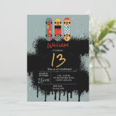 レトロスケートボードブルークールスプレー絵を描誕生日 招待状 (スタンド正面)