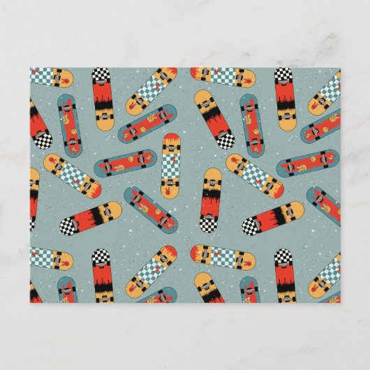 レトロスケートボードブルークールパターン シーズンポストカード (正面)