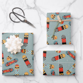 レトロスケートボードブルークールパターン ラッピングペーパーシート