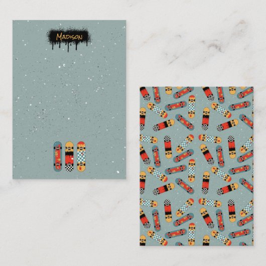 レトロスケートボードブルークール名前をカスタムするキッズ ノートカード (正面/裏面)