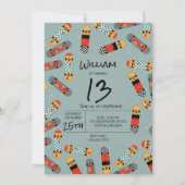 レトロスケートボード ブルー クールスケートボード 誕生日 招待状 (正面)