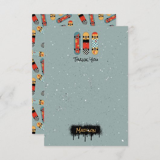 レトロスケートボード ブルー クール カスタムネーム キッズ サンキューカード (正面/裏面)