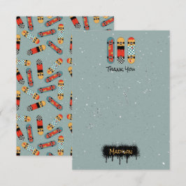 レトロスケートボード ブルー クール カスタムネーム キッズ サンキューカード