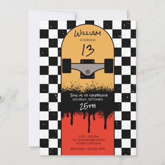 レトロスケートボー市松模様にドスケートボーダー誕生日 招待状 (正面)