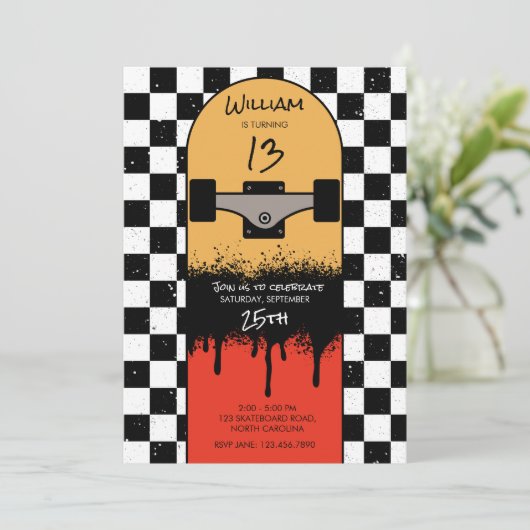 レトロスケートボー市松模様にドスケートボーダー誕生日 招待状 (スタンド正面)