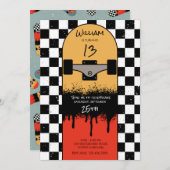 レトロスケートボー市松模様にドスケートボーダー誕生日 招待状 (正面/裏面)